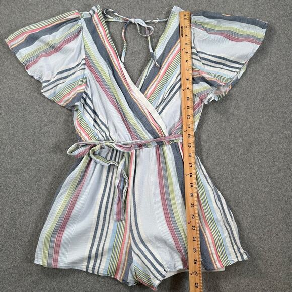 Altar'd State Stripe Romper Flutter Sleeve Size Small Belted V-Neck Blue Pink - Picture 5 of 11